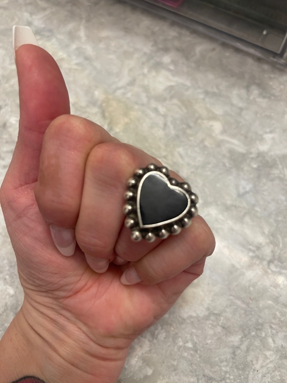 Sterling Silver Heart Ring with Black Stone - Women Jewelry